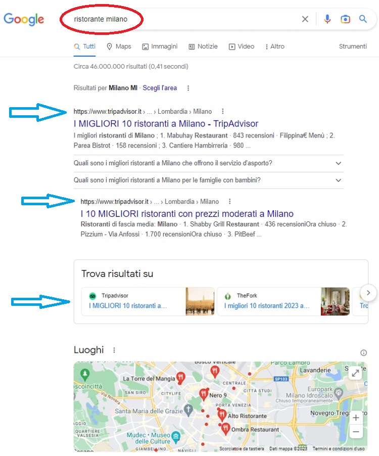 ricerca ristorante locale su Google